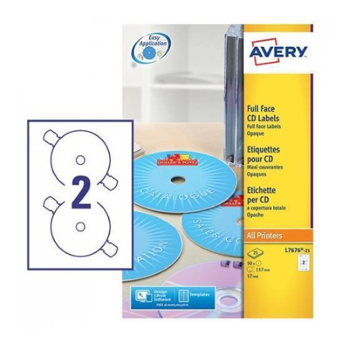 AVERY-ZWECKFORM L7676-25 CONFEZIONE 50 ETICHETTE ADESIVE PER CD/DVD DIAMETRO 117 MM COLORE BIANCO FINITURA OPACA